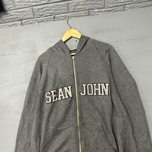 Sean John Mens XL Gray Full Zip Hoodie Sweatshirt Spellout Logo Streetwear Y2K